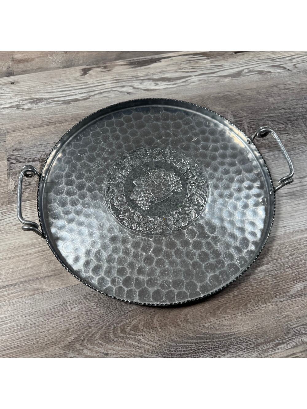 Vintage 1950s Cromwell Aluminum Serving Tray Hammered Fruit Engraved 13in